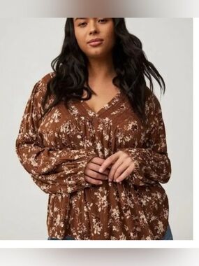 Torrid Brown Floral V Neck Peasant Blouse size 3X
